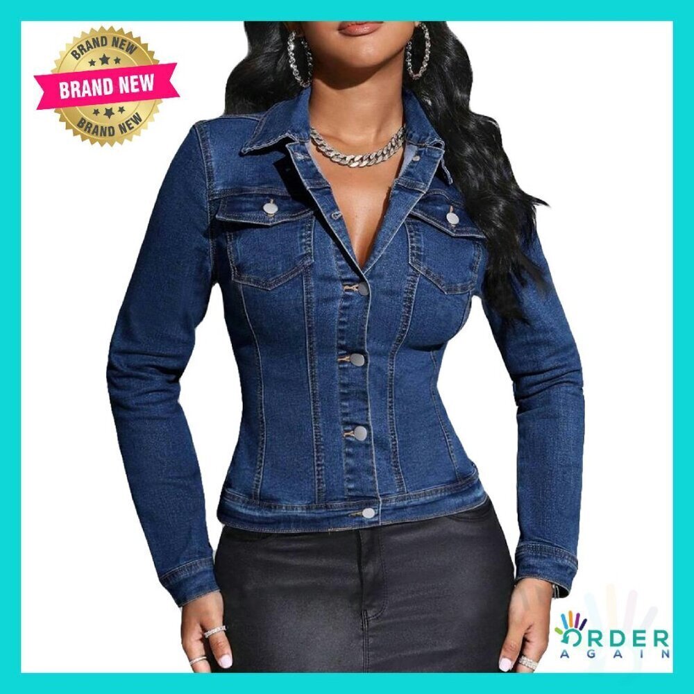 Cropped Denim Jacket Slim Fitted Stretchy Button Down Lapel Y2K Chic